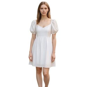 And Now This Sz M White Floral Eyelet Fit & Flare Puff Sleeves Dress Lined NWT